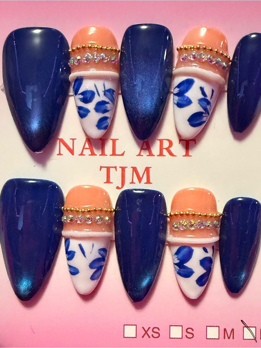 Blue & Peach Hand-Painted Floral Press-On Nails